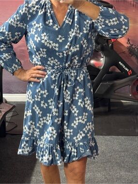 Draper James Chambray Blue Floral Tie-Waist Women’s Dress